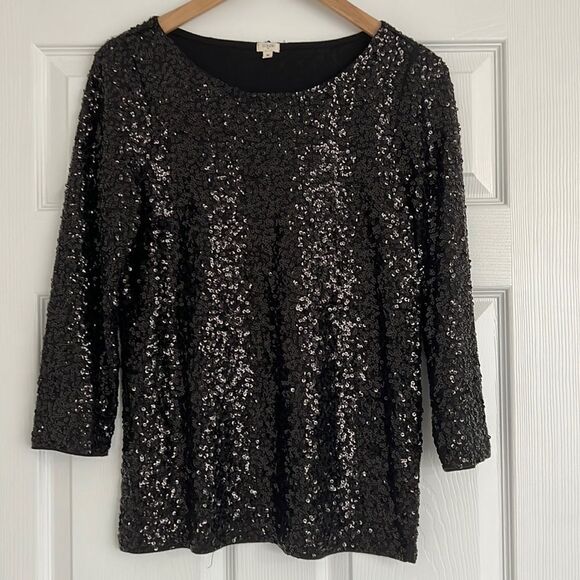 J. Crew black cotton with sequins 3/4 sleeves top Sz Medium - Picture 1 of 10